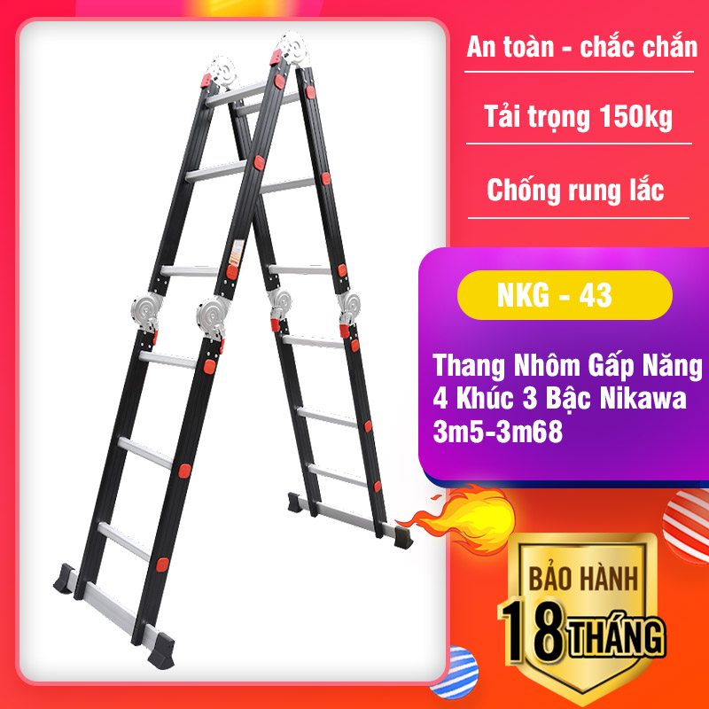 Thang Nhôm Gấp Đa Năng 4 Khúc 3 Bậc Nikawa Chắc chắn Gấp gọn Linh hoạt Chiều cao Amax 1m75, Imax 3m5-3m68 Bảo hành 18 tháng NKG-43