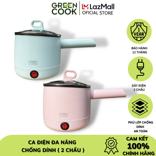 Ca điện đa năng chống dính Green Cook GCEK-05D02 600W 0.5L tiện lợi nấu mì, lẩu mini, đun nước, nấu cơm - Hàng chính hãng greencook