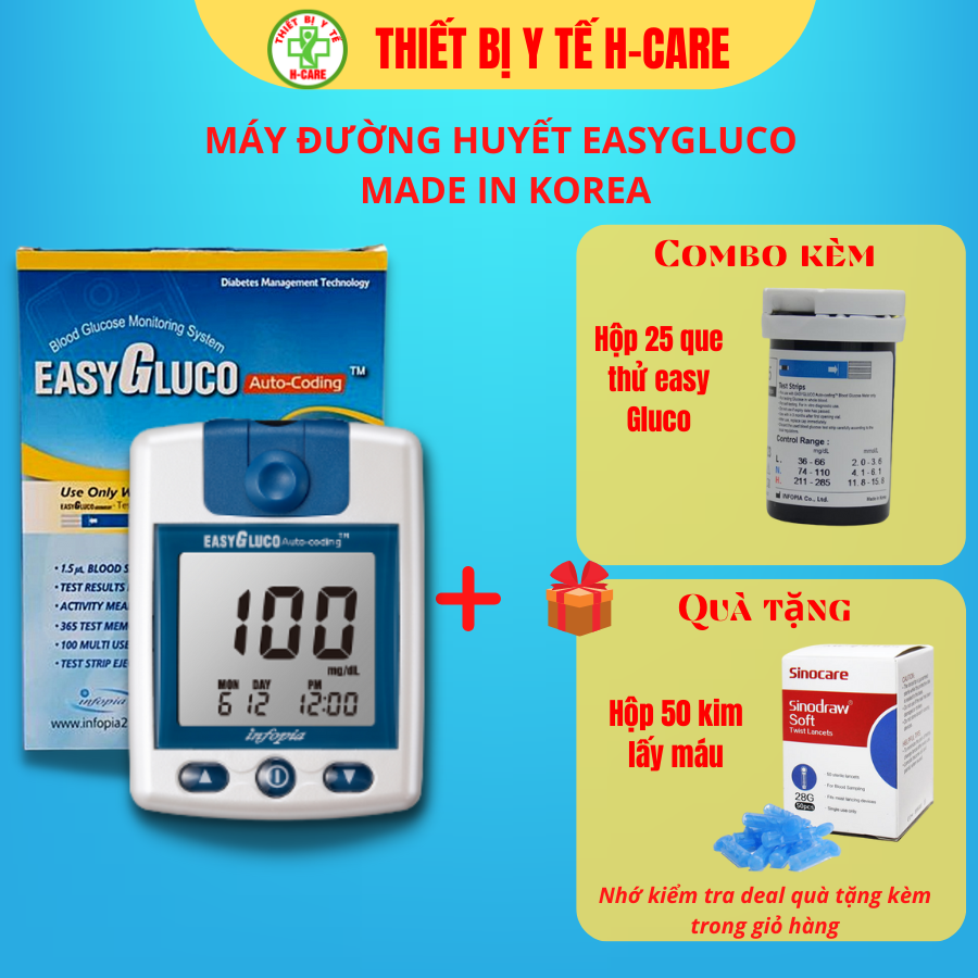 Máy đo đường huyết EasyGluco Hàn quốc, test thử tiểu đường nhanh, chính xác, tin cậy chất lượng cao , bảo hành trọn đời sản phẩm - Tặng kèm lọ 25 que thử tiểu đường Easy Gluco [TBYT H-Care]