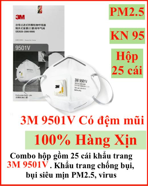 Hộp 25 cái khẩu trang chống bụi 3M 9501V (Hoặc 9501V+) KN 95 có van 1 chiều đóng mở thông minh khi người dùng hít và thở, tác dụng lọc mùi hôi, chống các loại bụi, chống bụi siêu mịn PM2.5 tác nhận gây bệnh ở các thành phố bị ô nhiễm nặng
