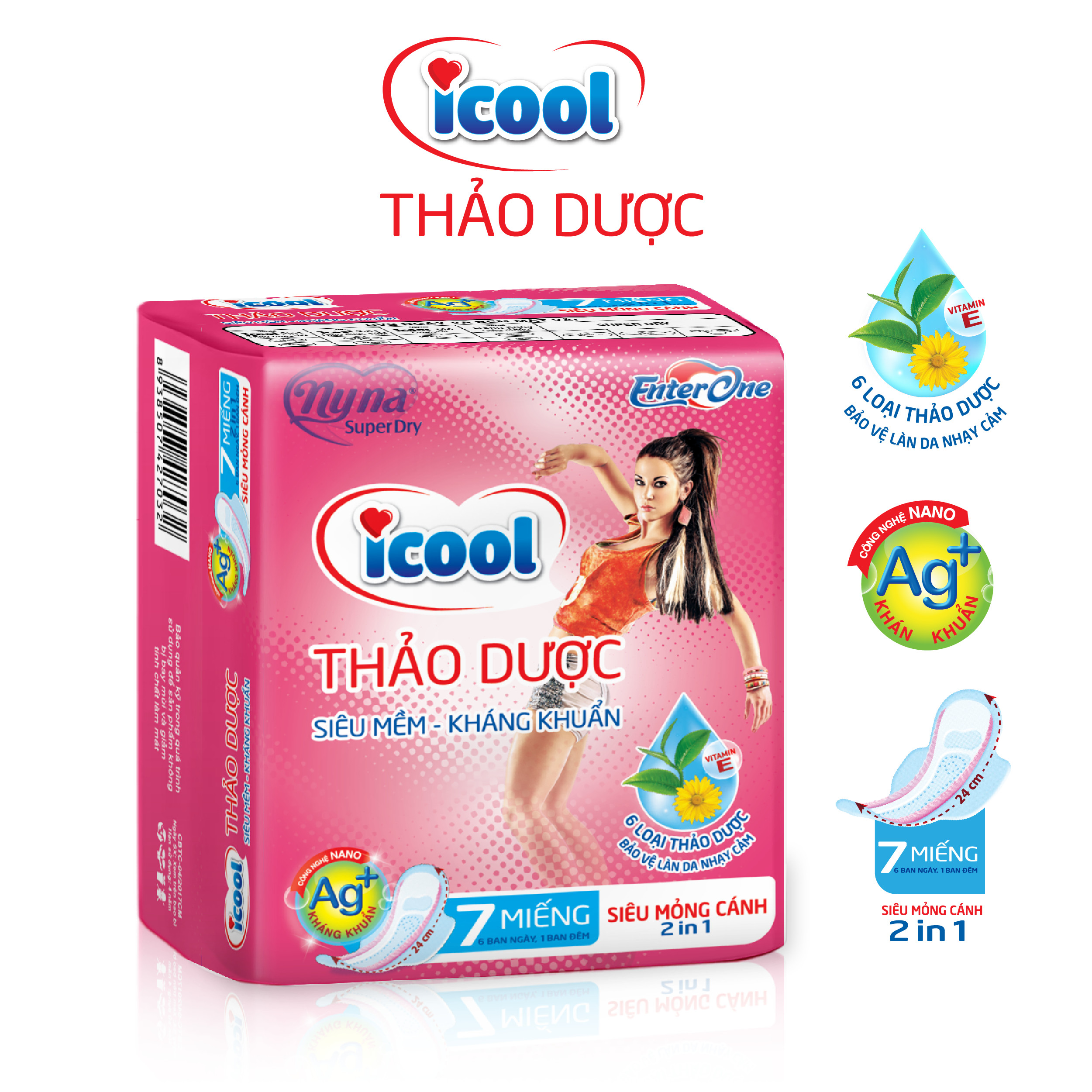 Băng vệ sinh ICOOL Thảo Dược Hồng 07 miếng siêu mềm kháng khuẩn khử mùi