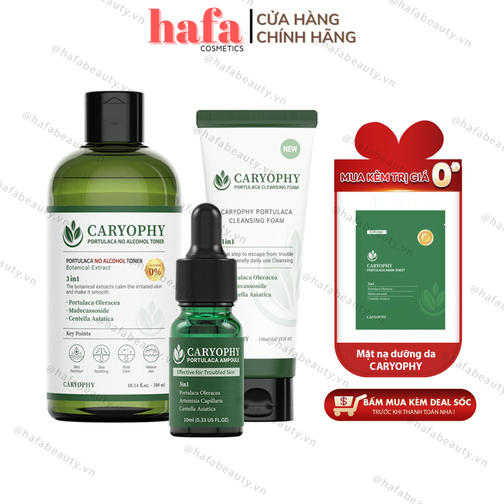 Combo 3 Sản Phẩm Dưỡng Da Giảm Mụn, Mờ Thâm Caryophy (Cleansing Foam + Toner + Serum) + Tặng Mặt Nạ Caryophy Portulaca Mask Sheet 22g
