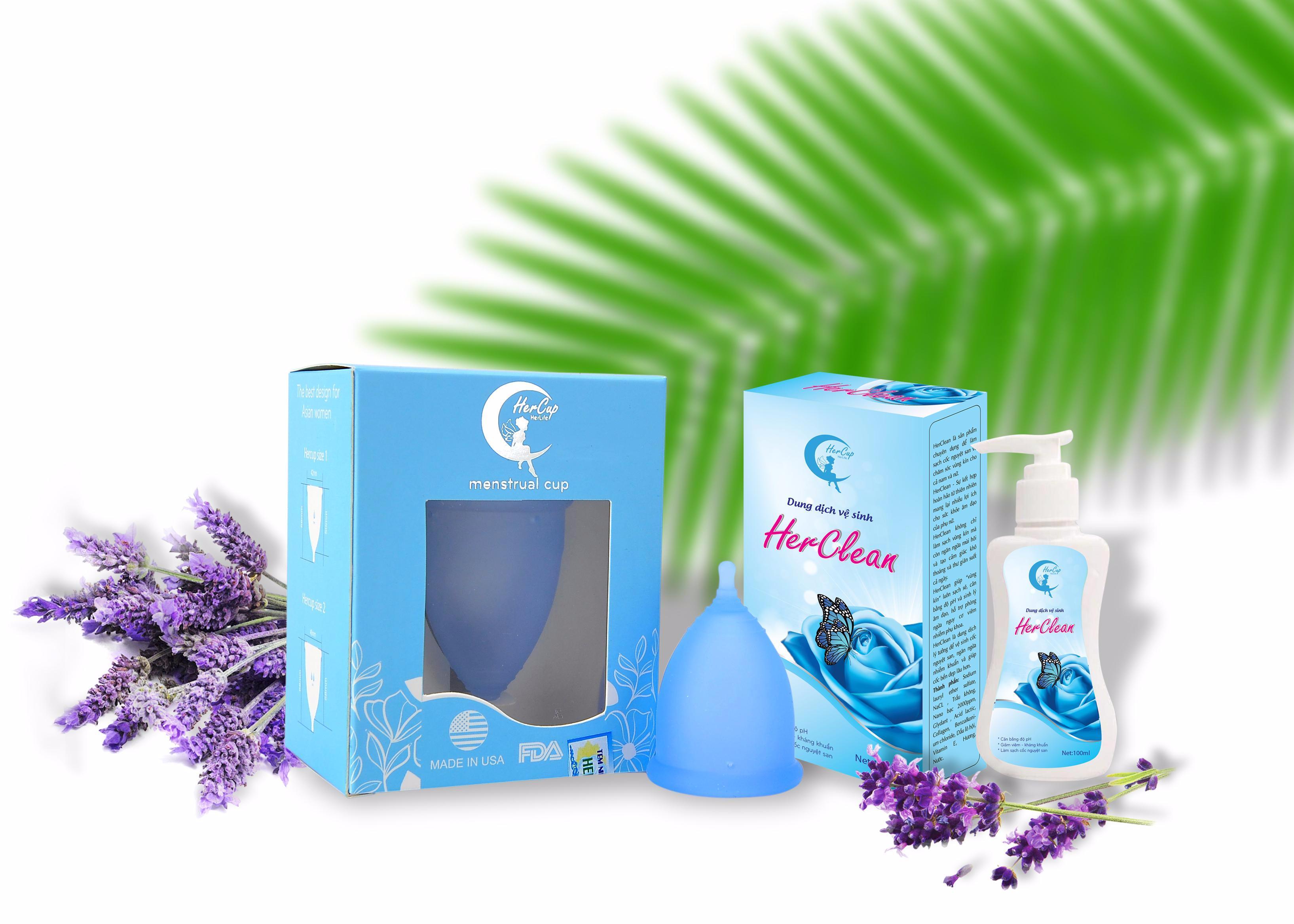 Cốc nguyệt san Hercup +tặng cốc tt + dd vệ sinh cup + 10 viên khử trùng Milton