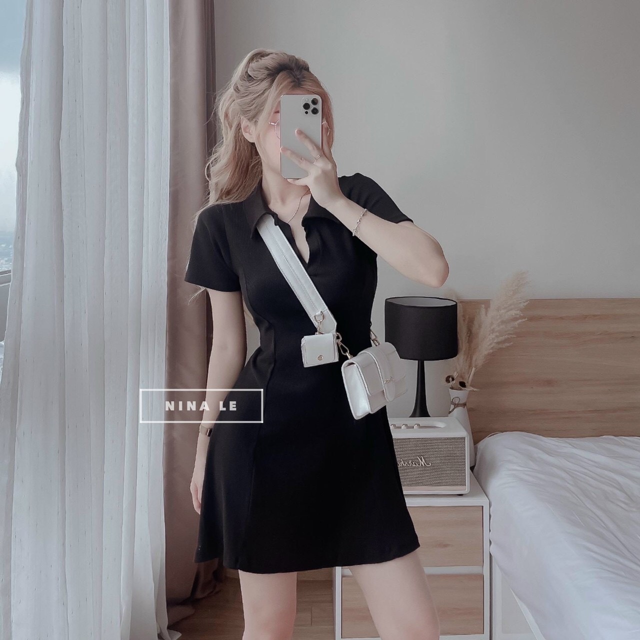 Đầm polo đen basic dáng ngắn xòe 6 mảnh chữ A cổ bẻ siêu xinh, Váy đầm nữ dáng suông cổ sơ mi phong cách trẻ trung cá tính đi dạo phố dx
