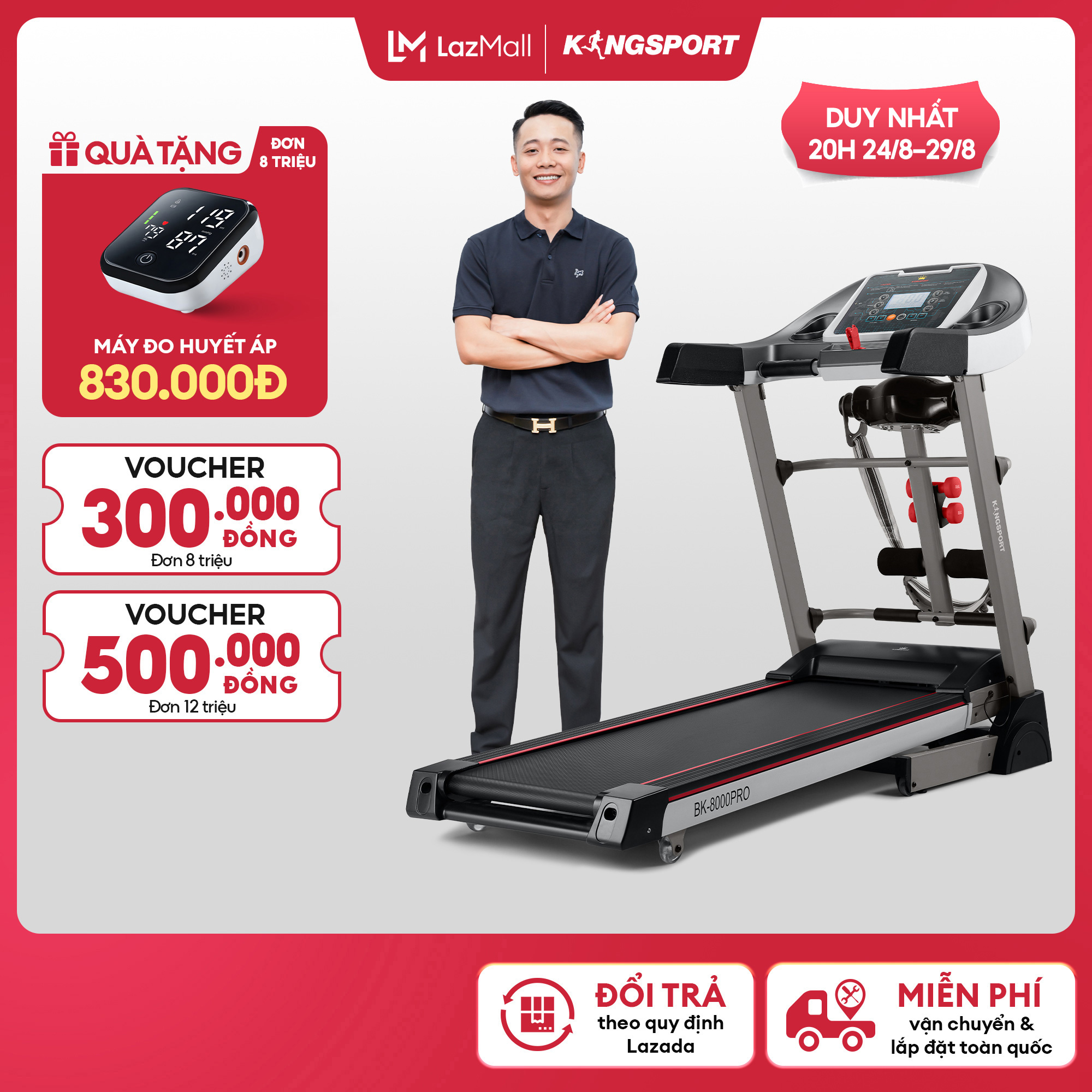 [Chỉ 25-29.8 | Tặng Máy đo 830K] Máy chạy bộ KINGSPORT BK-8000 Pro đa năng, nâng dốc tự động 18%, tốc độ tối đa 14khm/h, kèm đai massage và thanh gập bụng