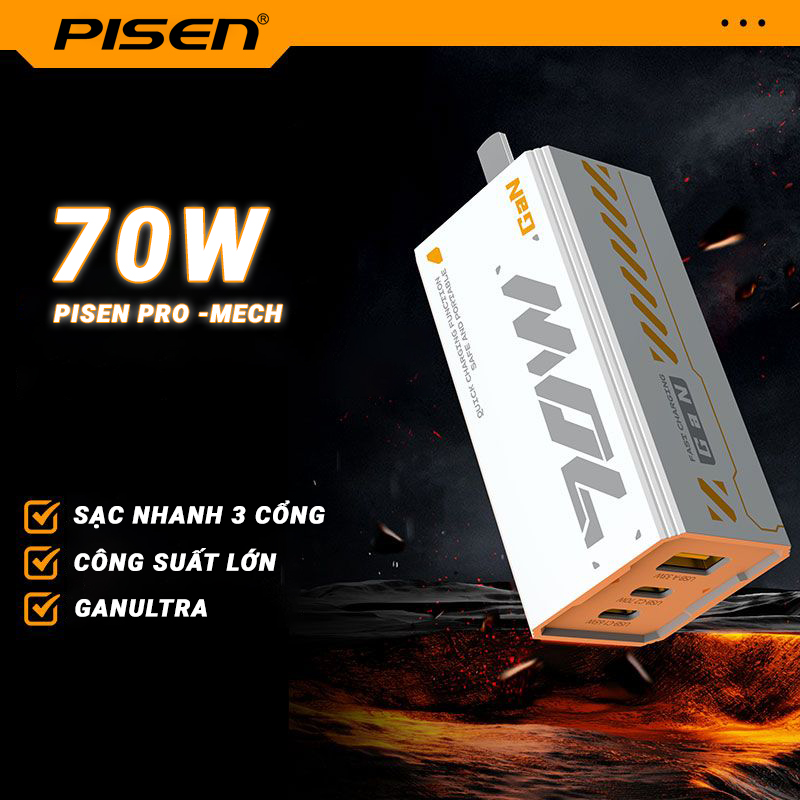 [20H 6/7 - 9.7 Nhập 77LAZSOCIAL80K Voucher giảm 12% đơn từ 250K tối đa 80K]Bộ sạc nhanh 70W Mecha GaNUltra PISEN PRO , sạc Laptop, iPhone,  Android, sạc an toàn bảo vệ máy, chống chai pin - Chính hãng, bảo hiểm 46 tỷ