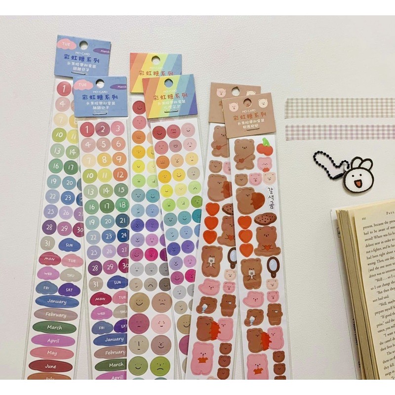 Set 2 dây sticker in hình gấu / mặt cười / tháng tuần ngày - dải sticker dễ thương