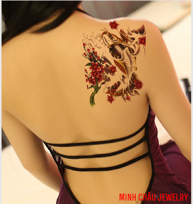 Hình xăm cá chép vờn hoa, tattoo dán cực ngầu,miếng dán chống nước,lâu phai lâu mờ