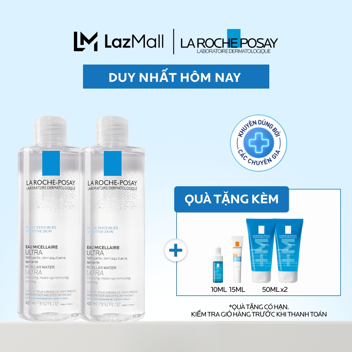 Bộ đôi nước làm sạch sâu và tẩy trang cho da nhạy cảm La Roche-Posay Micellar Water Ultra Sensitive Skin 400ml