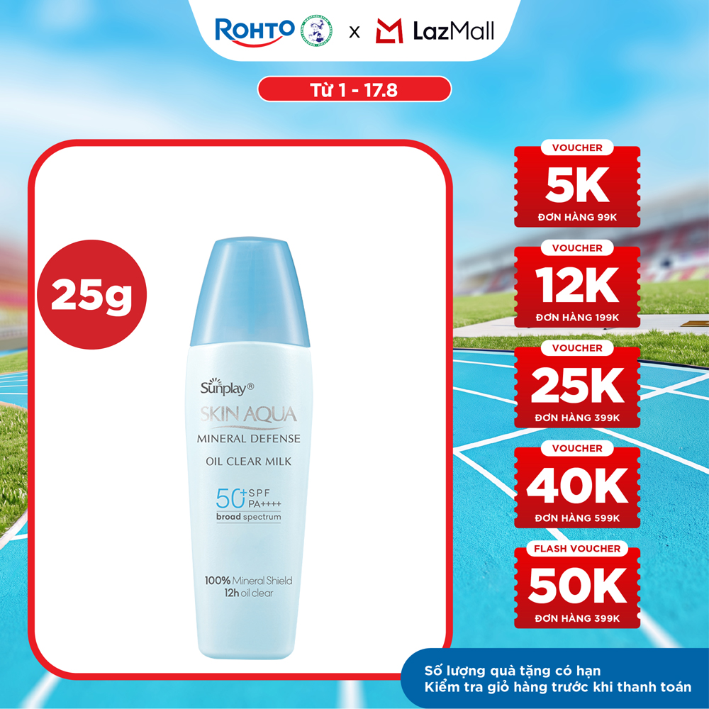Kem chống nắng vật lý Skin Aqua kiềm dầu, dạng sữa dùng hàng ngày Sunplay Skin Aqua Mineral Defense Oil Clear Milk SPF50+ PA++++ 25g