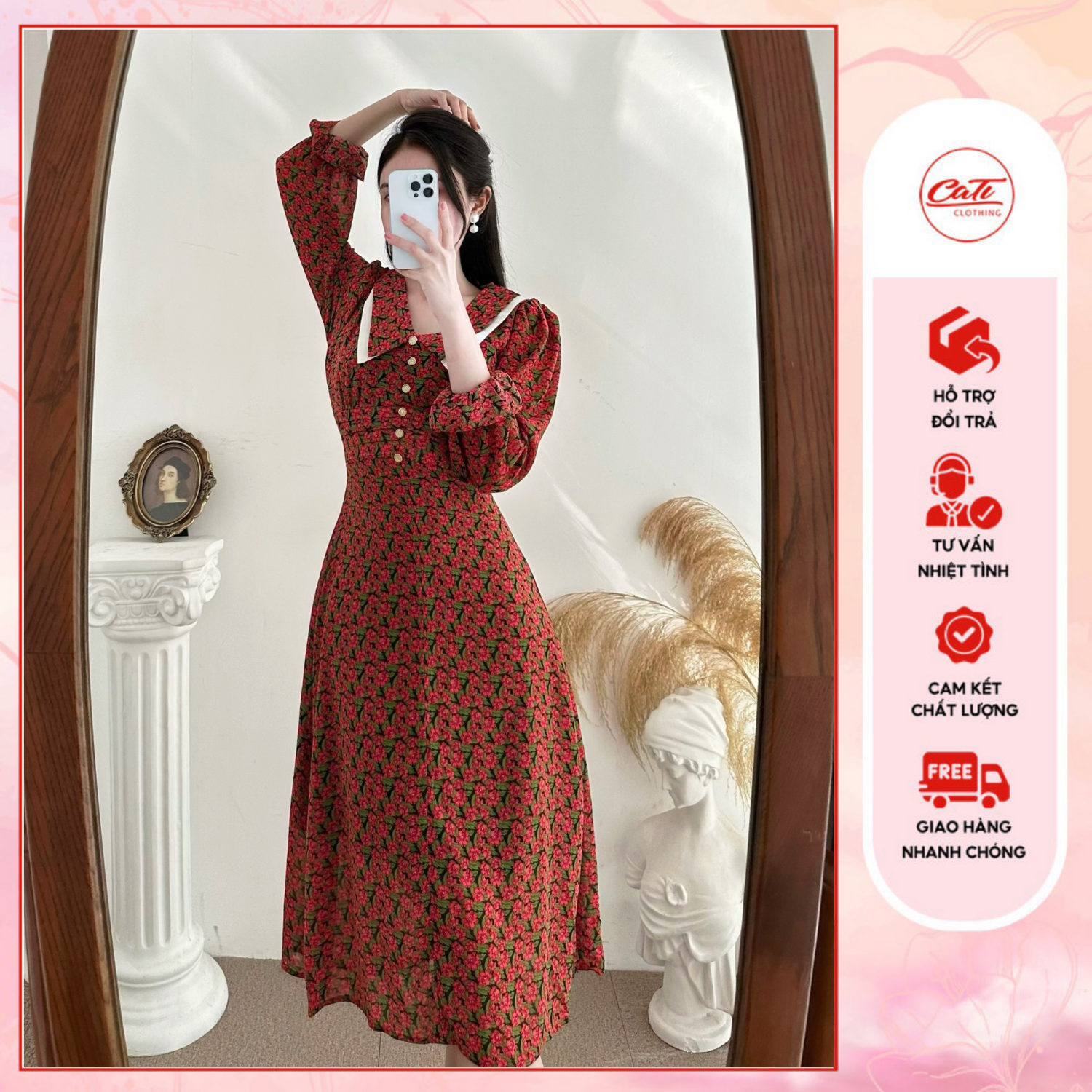 Cati đầm midi lụa hoa cam tiểu thư