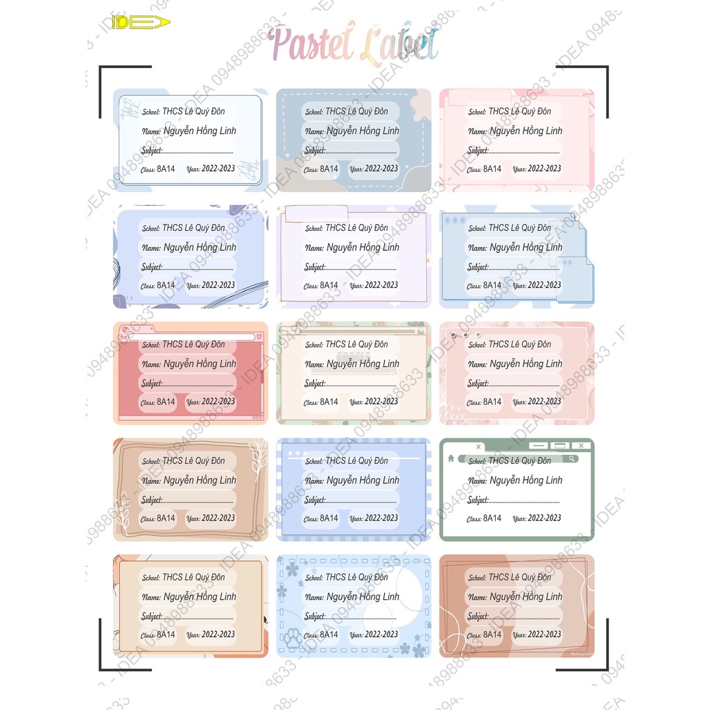 15 nhãn vở pastel in tên riêng của bé