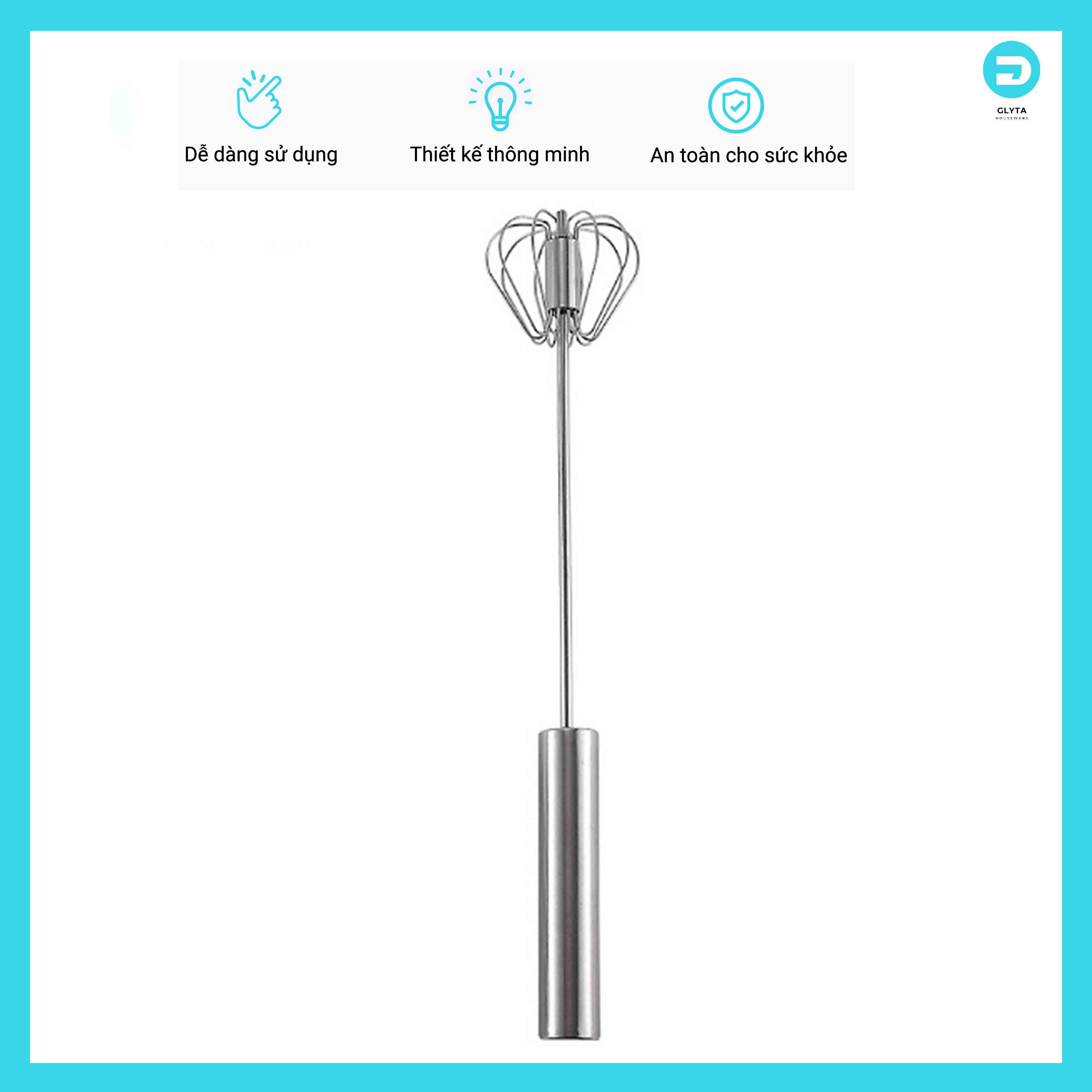 Dụng cụ cây đánh trứng cầm tay Inox lò xo tự xoay, chất liệu an toàn sức khỏe