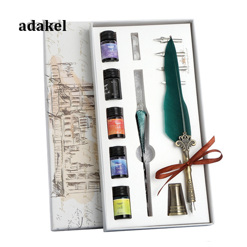 Adakel Bộ Bút Lông Và Mực Lông Vũ Bộ Bút Chấm Thủy Tinh Thư Pháp Cổ Điển Có 4 Ngòi Bút Nhúng Thư Pháp Mịn 5 Mực Thay Thế Mực Kit