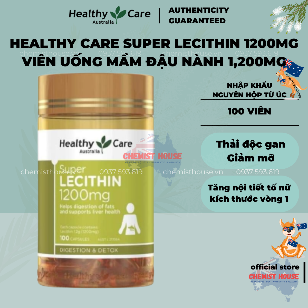 [Mầm Chảy] Healthy Care Super Lecithin 1200mg - Viên uống tinh chất mầm đậu nành 100 viên tăng vòng 1 nội tiết tố nữ