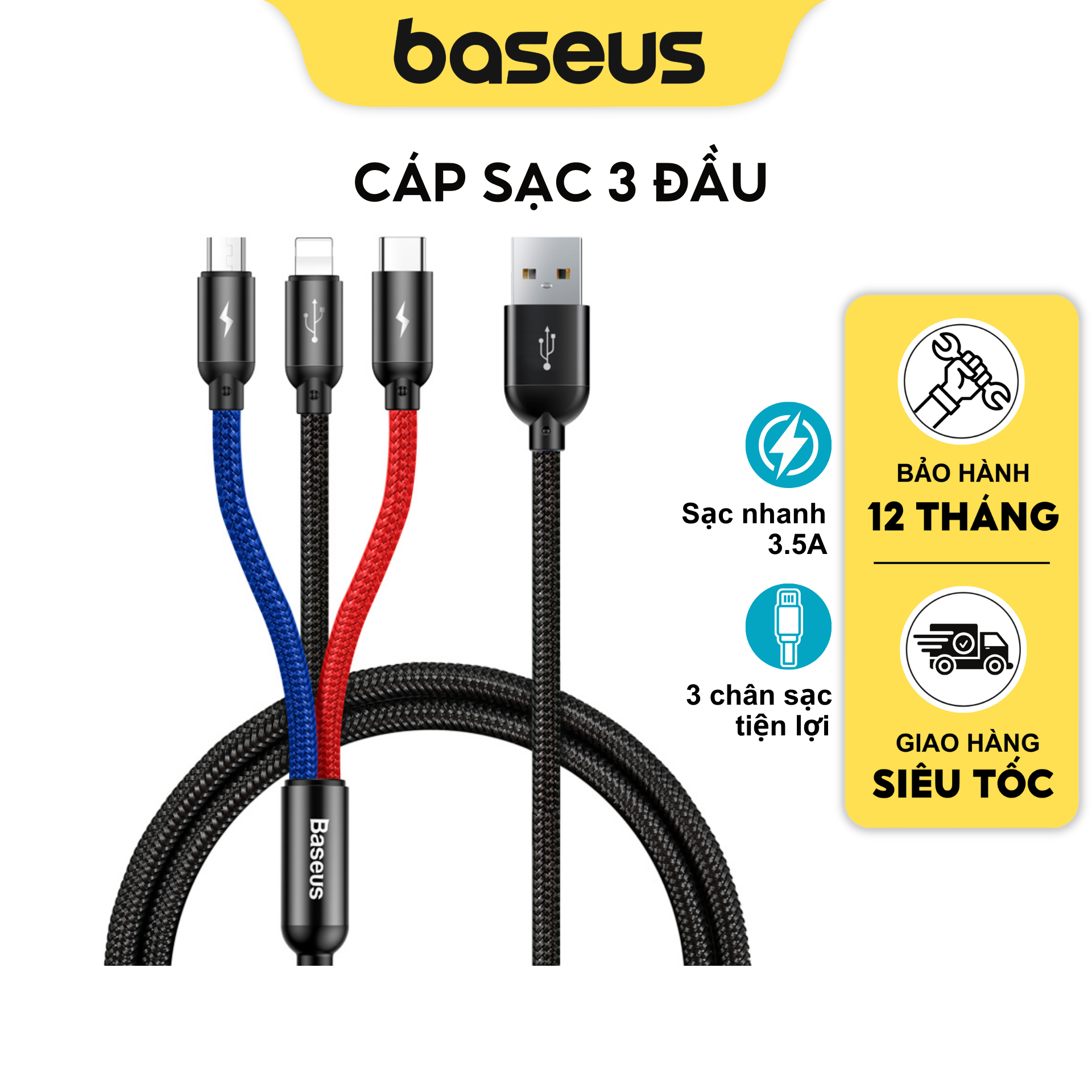 Cáp sạc 3 đầu Baseus Three Primary Colors sạc nhanh 3.5A ,3 đầu kết nối, dây bọc dù cho nhiều dòng máy smartphone máy tính bảng