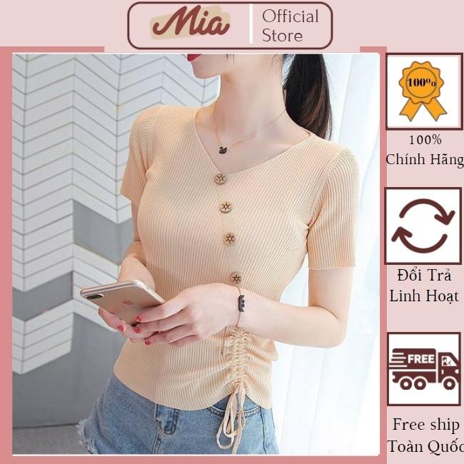 Áo thun nữ, áo thun len tăm cộc tay nữ kiểu dây rút gấu đính khuy chéo - Mia Shore