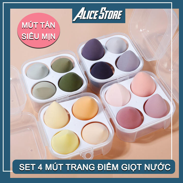Set 4 bông mút trang điểm, hộp mút tán kem nền hình giọt nước, hồ lô - Hộp 4 bông mút tán phấn trang điểm mềm mịn hình trứng gà