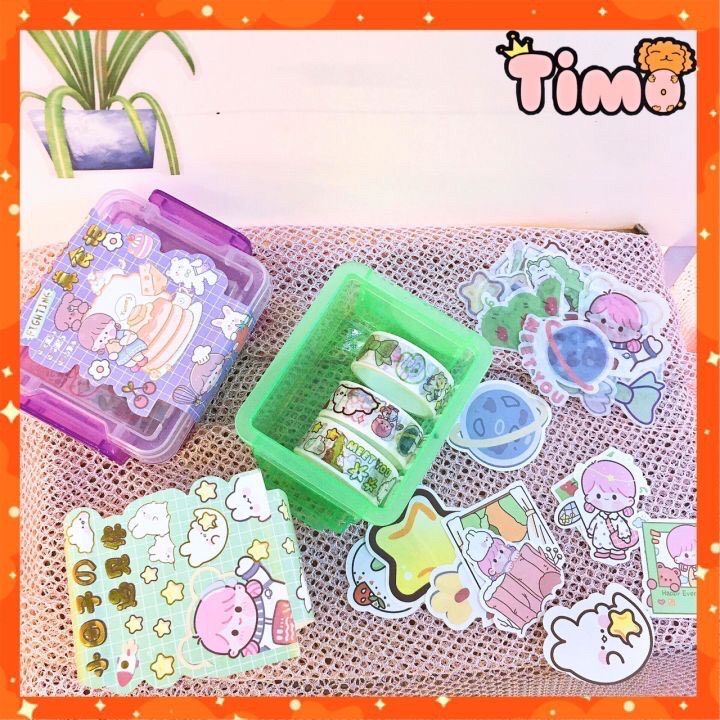 Washi Đẹp Kèm Sticker Xinh Đáng Yêu Hộp Quà Tặng Trang Trí Bàn Học Gồm 30 Stickers 3 Cuộn Washi Tape WS3