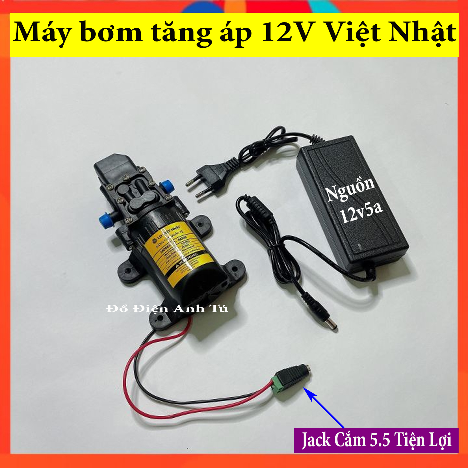 Máy Bơm Nước Mini Tăng Áp Kèm Nguồn Adaptor 12V Rửa Xe, Phun Sương Tưới Lan, máy bơm nước 12v kèm nguồn cực khoẻ, máy bơm 12v phun sương