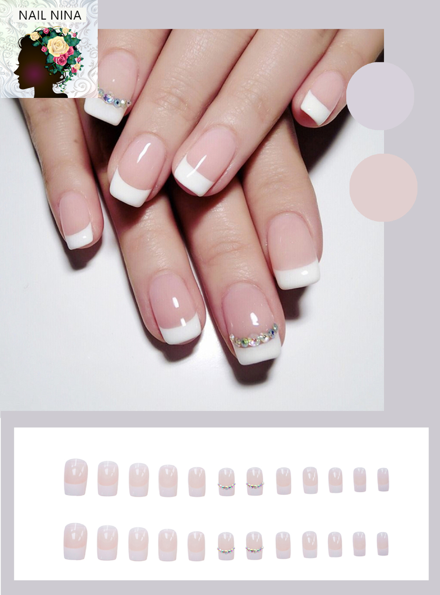 Bộ 24 móng tay giả Nail Nina trang trí nghệ thuật họa tiết màu hồng kim cương mã 135【Tặng kèm dụng cụ lắp】