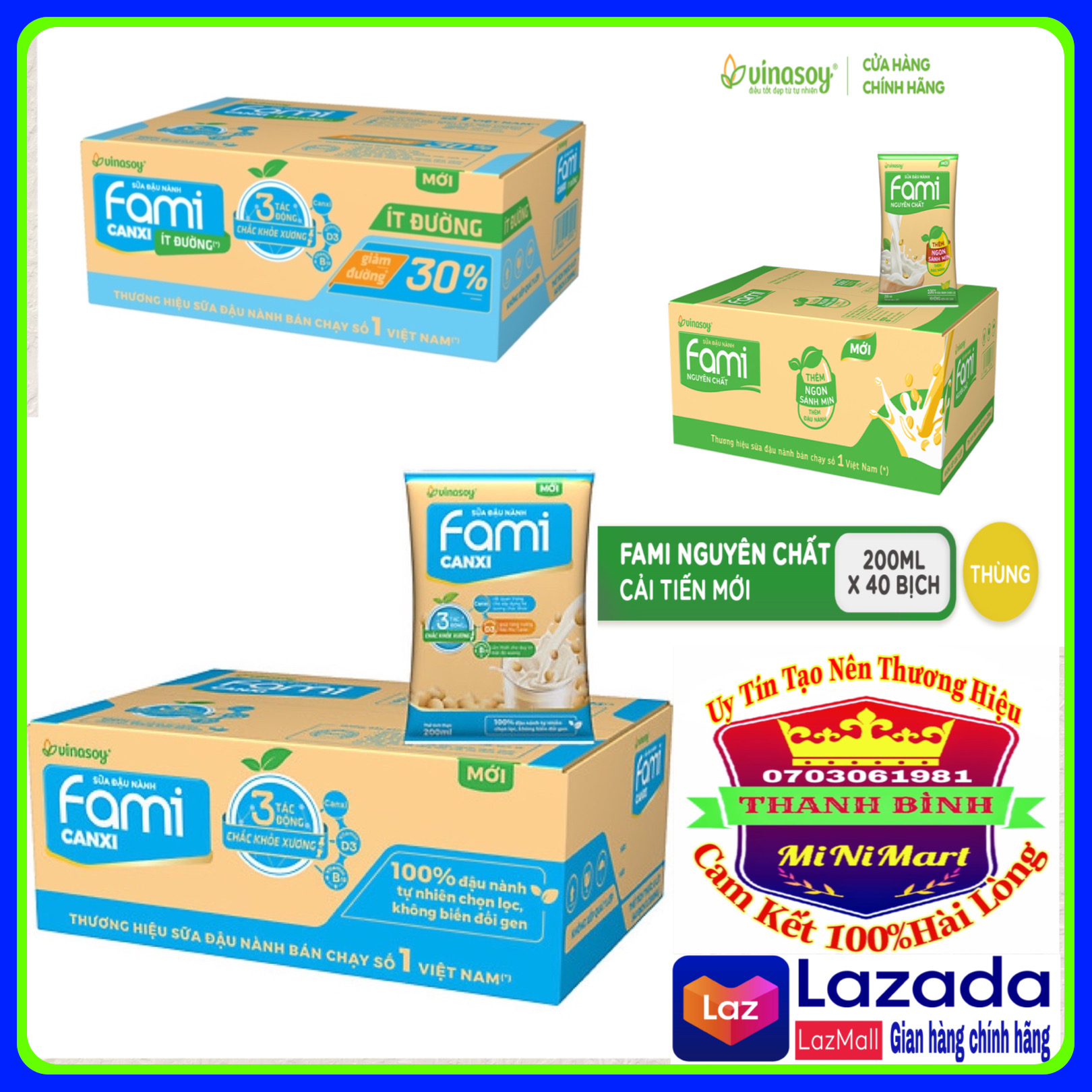 Thùng 40 Túi Sữa Đậu Nành Fami 3 Loại Nguyên Chất,Canxi.Ít Đường (40 túi x 200ml)
