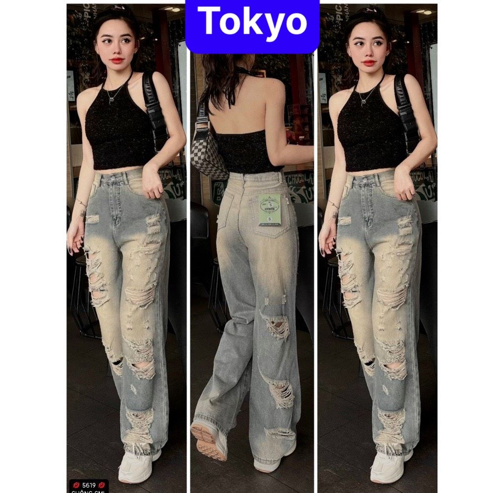  QUẦN JEAN NỮ BAGGY ỐNG SUÔNG RỘNG RÁCH TẢ TƠI XƠ MƯỚP LƯNG CAO NÂNG MÔNG PHONG CÁCH SANG CHẢNH -DB 5619- TOKYO FASHION 