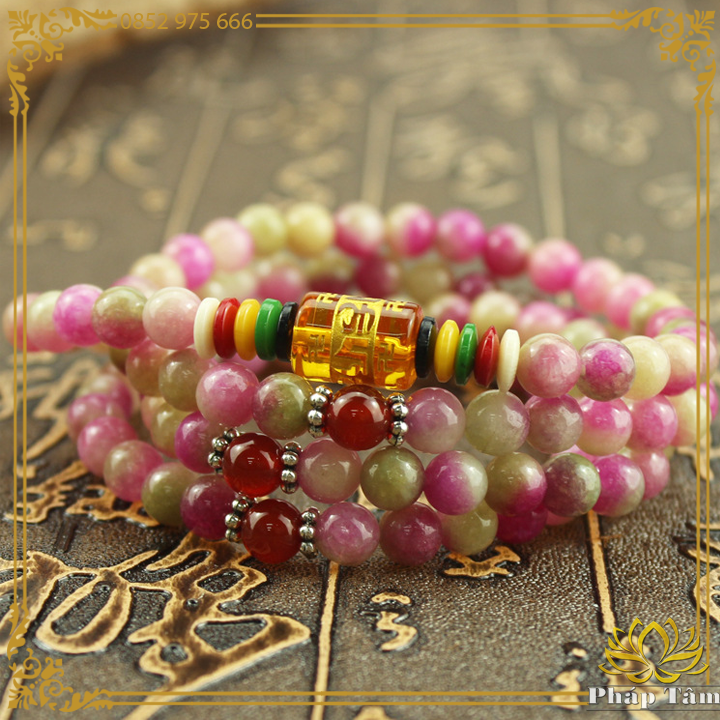 Chuỗi Vòng Tay 108 Hạt Đá Tourmaline Tự Nhiên Mix Tự Lục Tự Chân Ngôn - Pháp Tâm