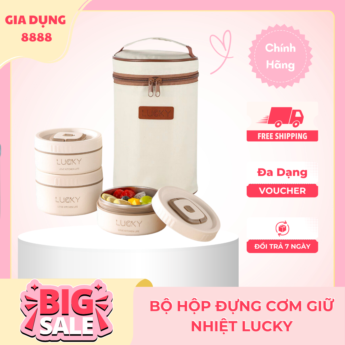 Hộp cơm giữ nhiệt Lucky, Hộp cơm trưa văn phòng cách nhiệt 3 tầng bằng thép không gỉ 304