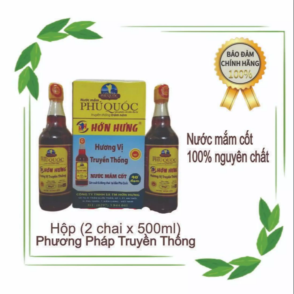 [HCM-ĐẶC SẢN PHÚ QUỐC] Hộp Quà Nước mắm Phú Quốc chính hiệu Hớn Hưng-Nước mắm cốt nhĩ cá cơm 40 độ đạm (02 chai 500ml)-cam kết không chất bảo quản-đạt chuẩn ATVSTP