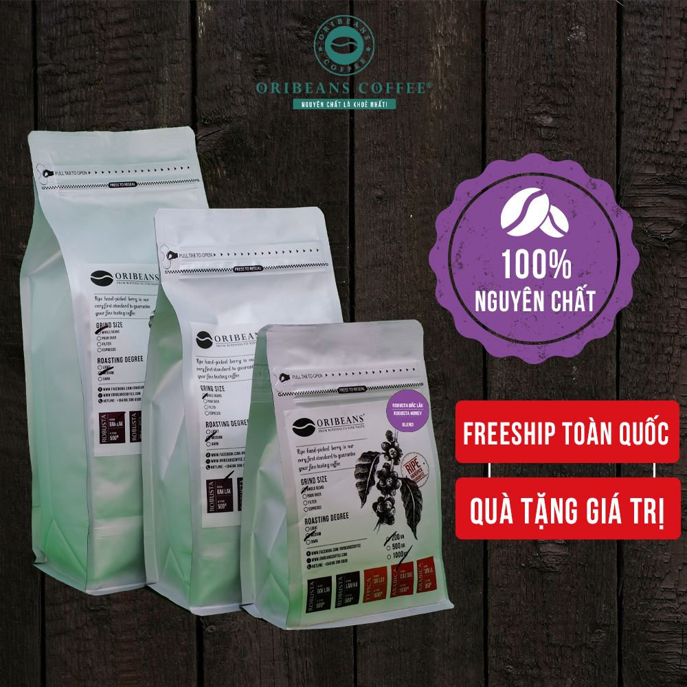 Cafe Robusta Buôn Mê Thuột và Robusta Honey ORIBEANS cà phê xay nguyên chất phối trộn vị đậm, ngọt hậu, không chua (GỒM QUÀ TẶNG GIÁ TRỊ)