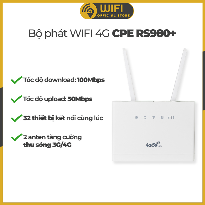 Bộ phát wifi 4g cpe rs980 tộc độ 300mps chuẩn n300 kết nối 32 user hỗ trợ 4 cổng lan