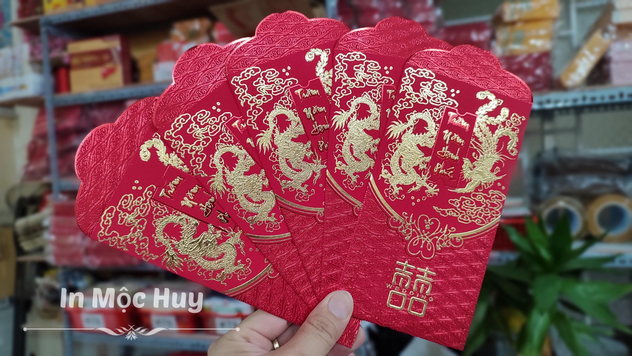 Túi 5 Cái Bao lì xì lớn mẫu Rồng Phụng sang trọng dùng cho mừng tiệc cưới hỏi, bê tráp, mâm quả, ép nổi 3D xinh xắn