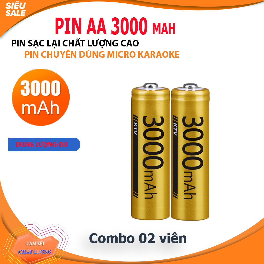 Combo 02 viên pin sạc AA, pin tiểu sạc dung lượng thực 3000mAh, pin chuyên dụng micro Karooke Doublepow - DP-3000V (màu vàng)