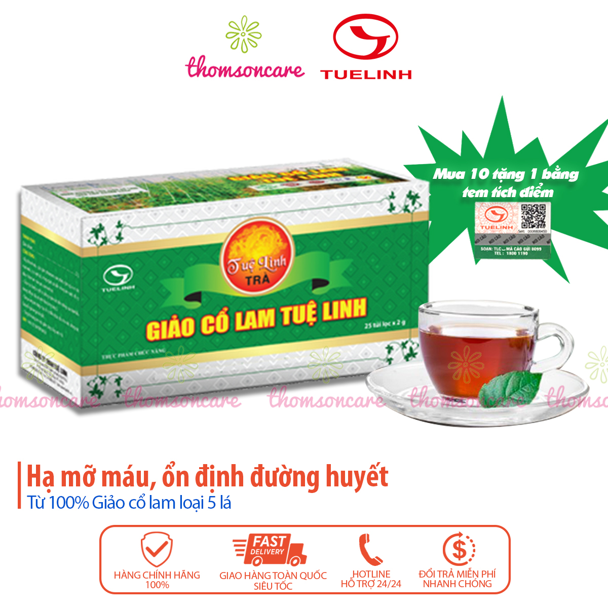 Trà giảo cổ lam Tuệ Linh - 25 túi Hạ mỡ máu, giảm đường huyết Chính hãng