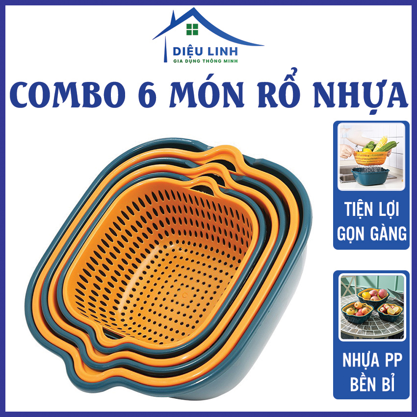 Rổ nhựa đựng đồ Bộ 6 Thau Rổ Xanh Vàng - Vuông Combo 6 món rổ nhựa ráo nước, bộ rổ nhựa kèm chậu, set rổ nhựa 6 món 5 lớp bền bỉ chắc chắn tramanhshop