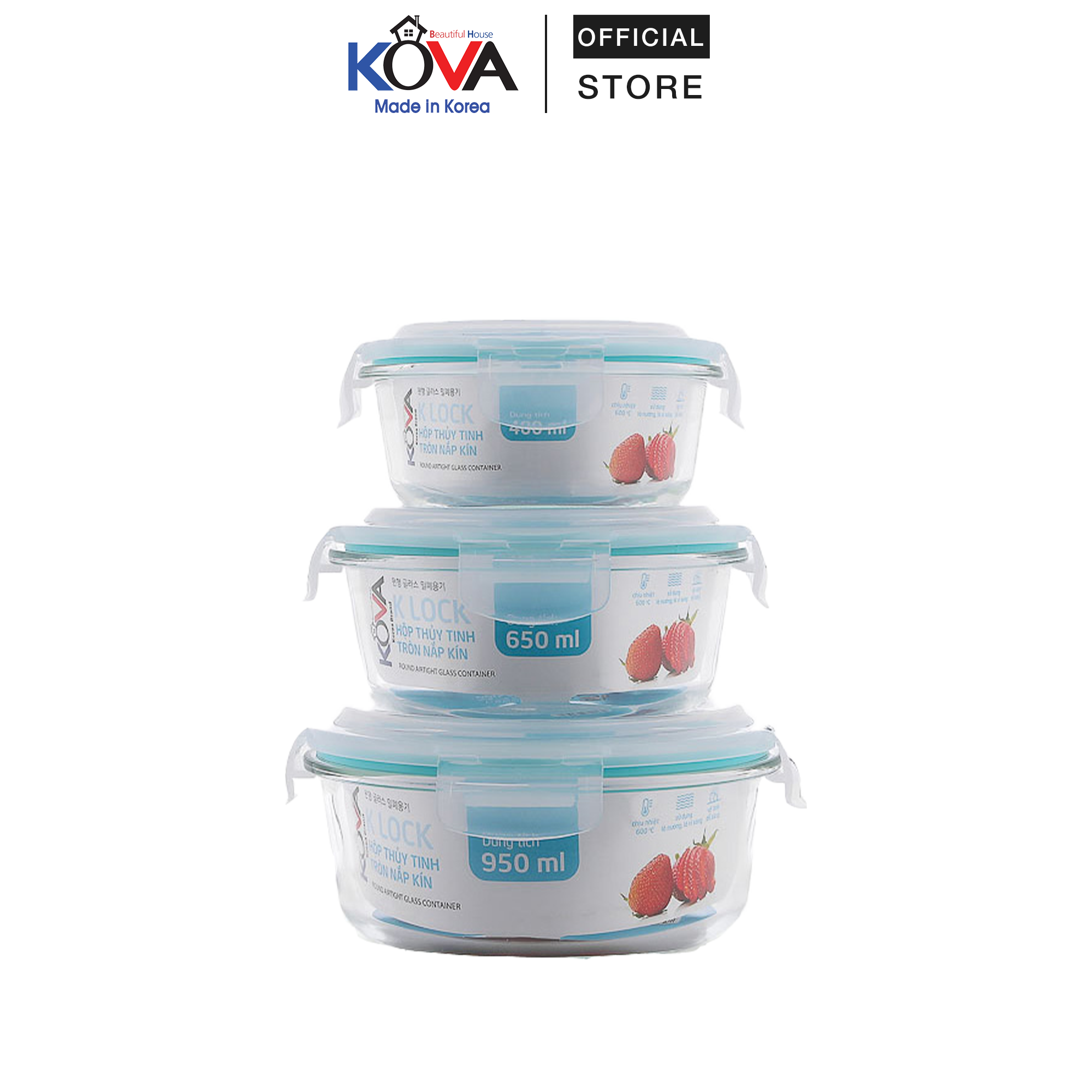 Bộ 3 hộp thủy tinh chịu nhiệt tròn kova 950ml+ 650ml+ 400ml