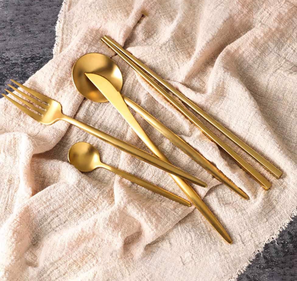 Set 3 món đũa, thìa, dĩa inox 304 mạ vàng phong cách Châu Âu sáng bóng, cao cấp