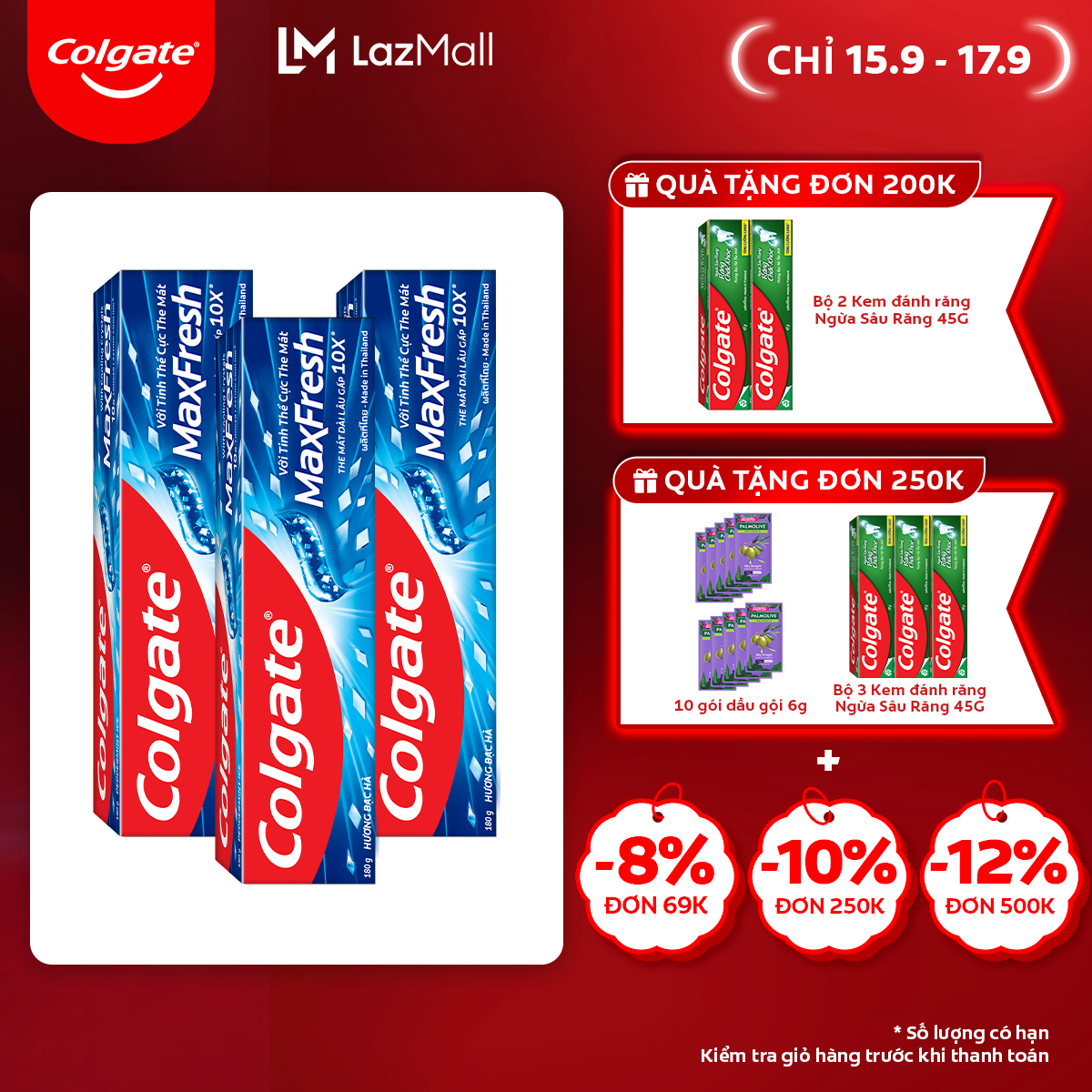 [Chỉ 15.9 - 17.9_Áp Voucher 10% đơn 250K]Bộ 3 Kem đánh răng Colgate MaxFresh bạc hà the mát 180g/tu