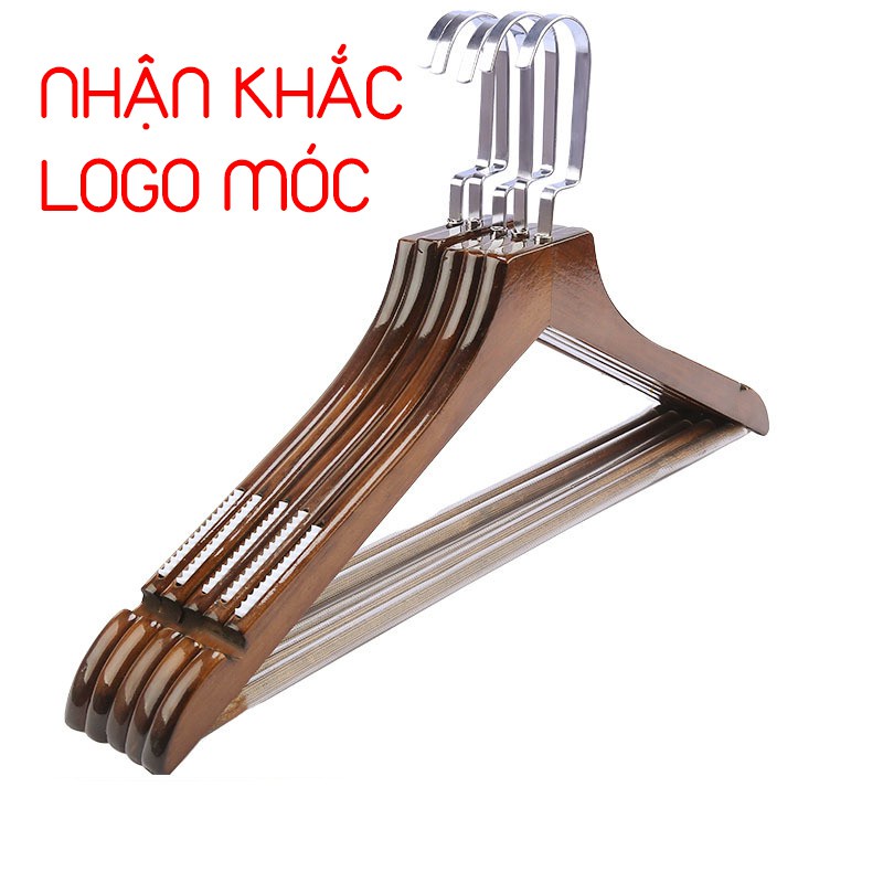 Móc gỗ nâu treo quần áo có thanh ngang và đệm vai chống trượt 44cm