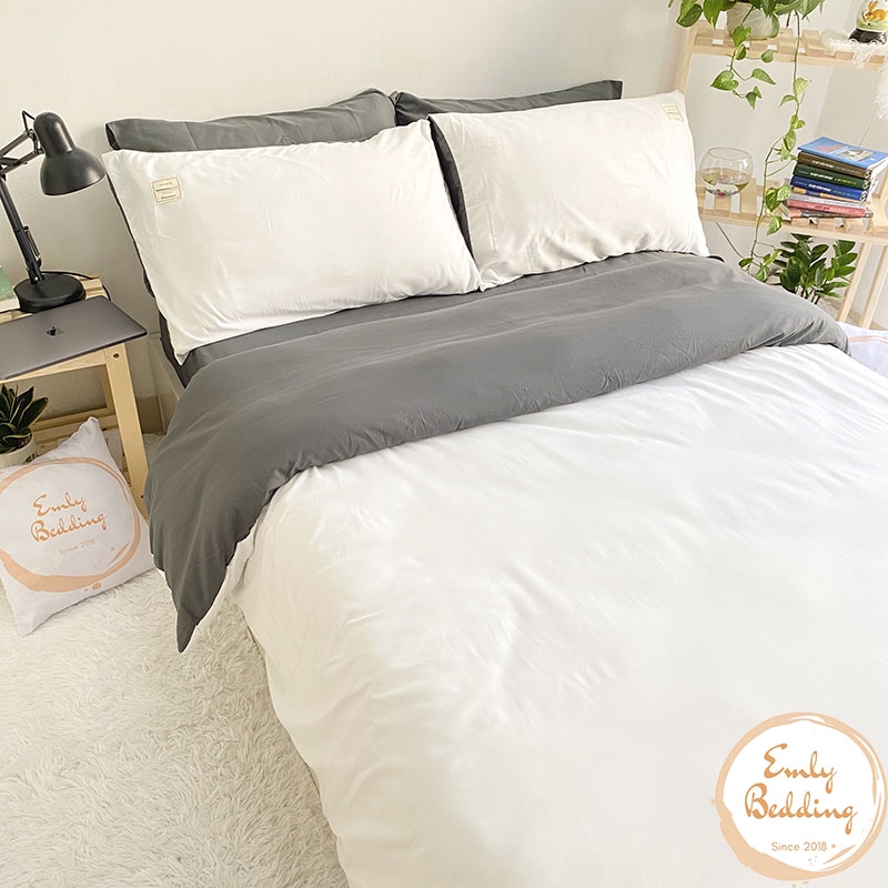 Bộ Chăn Ga Gối Cotton Tici Emly Bedding Màu Trắng Phối Ghi - Emly Bedding