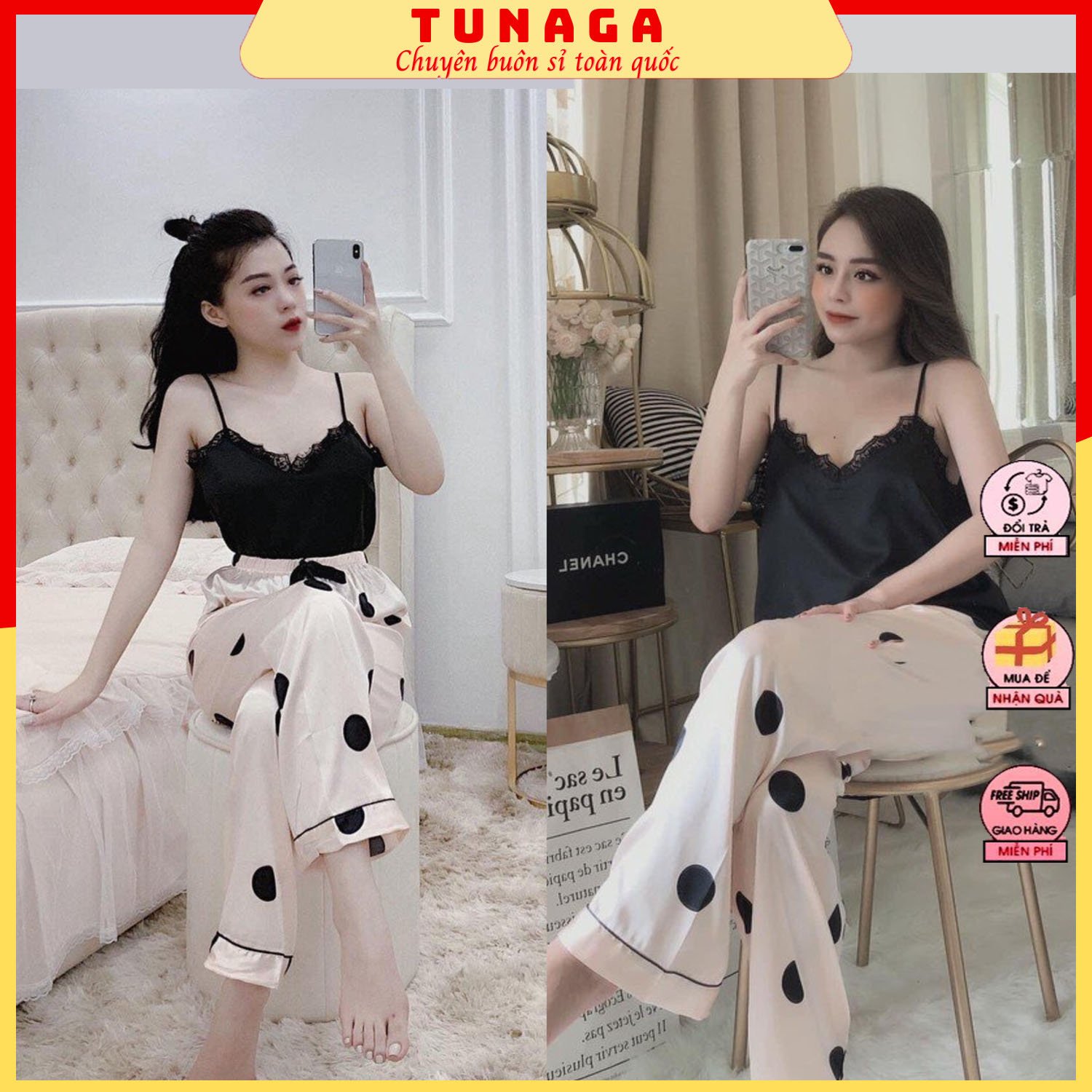 Bộ đồ lụa mặc ngủ-set đồ ngủ áo 2 dây phối quần dài chấm bi