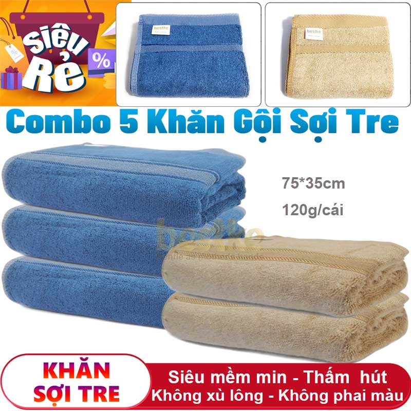 SET 5 khăn gội bamboo cao cấp màu xanh và nâu dài 75x35cm, nặng 120g cái