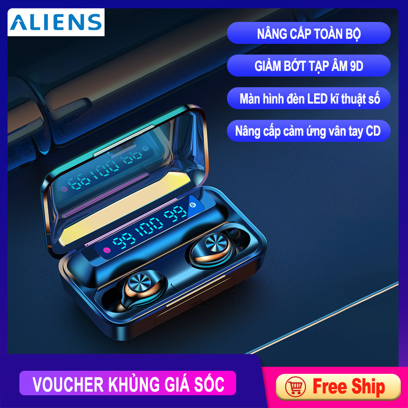 Tai nghe bluetooth F9 nghe 2 tai kĩ thuật số TW，âm thanh nổi/Âm thanh HiFi，hiển thị dung lượng pin，hình nút tai，có đế sạc，sạc dự phòng，thiết kế nhỏ gọn，nhỏ gọn dễ đem theo ，chống nước chống bụi，tai nghe không dây TWS