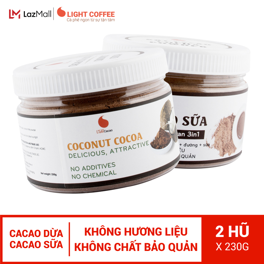 Combo 1 hũ Bột cacao sữa đậm đà thơm ngon và 1 hũ Cacao sữa dừa đặc biệt không pha trộn hương liệu, Light Cacao, pha chế dễ dàng, 230g/hộp