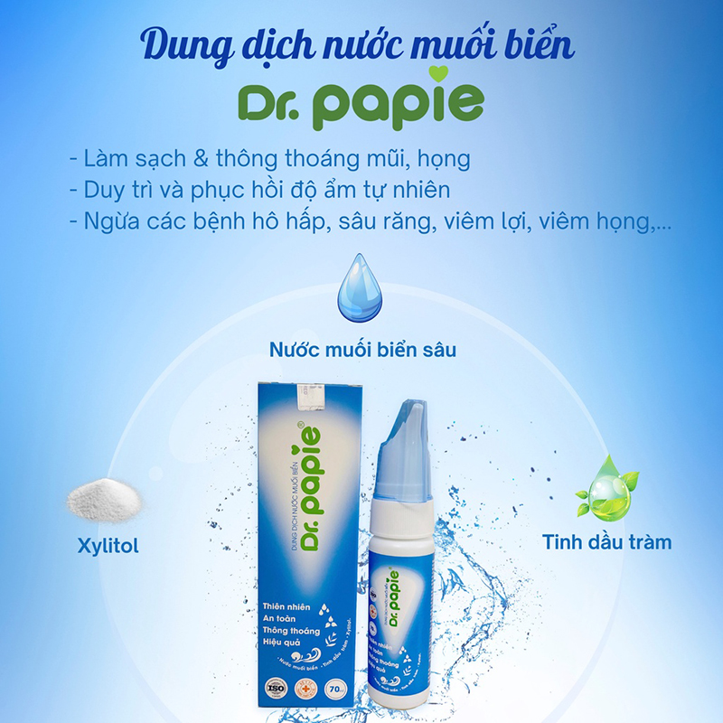 Dung Dịch Nước Muối Biển Xịt Mũi, Họng Dr.Papie 2 trong 1 Chai 70ml - dùng cho bé từ 3 tháng tuổi và người lớn