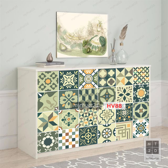 Set 36 ô 20cm Decal gạch bông trang trí dán tường, quầy quán - HV88