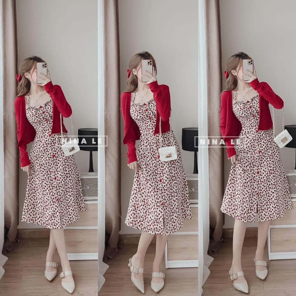 Đầm 2 dây tiểu thư dáng xòe, đầm 2 dây phối áo khoác ngoài, đầm maxi dáng dài đi biển du lịch