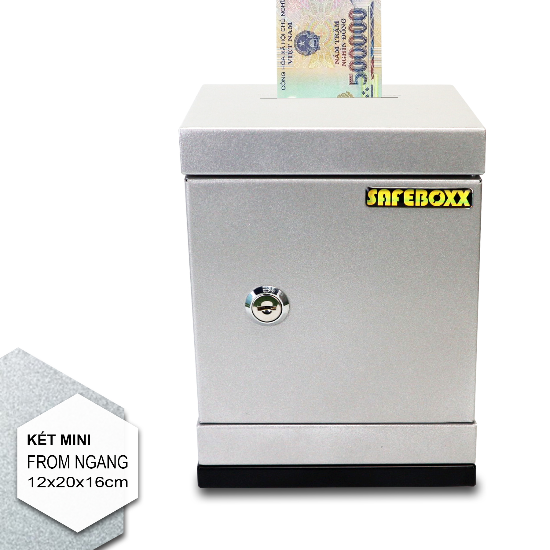 Két sắt mini safeboxx tủ sắt đựng tiền tiết kiệm mini 12x15x20cm, sơn tĩnh điện, 100% bằng kim loại, khóa chìa, có 2 chìa khóa