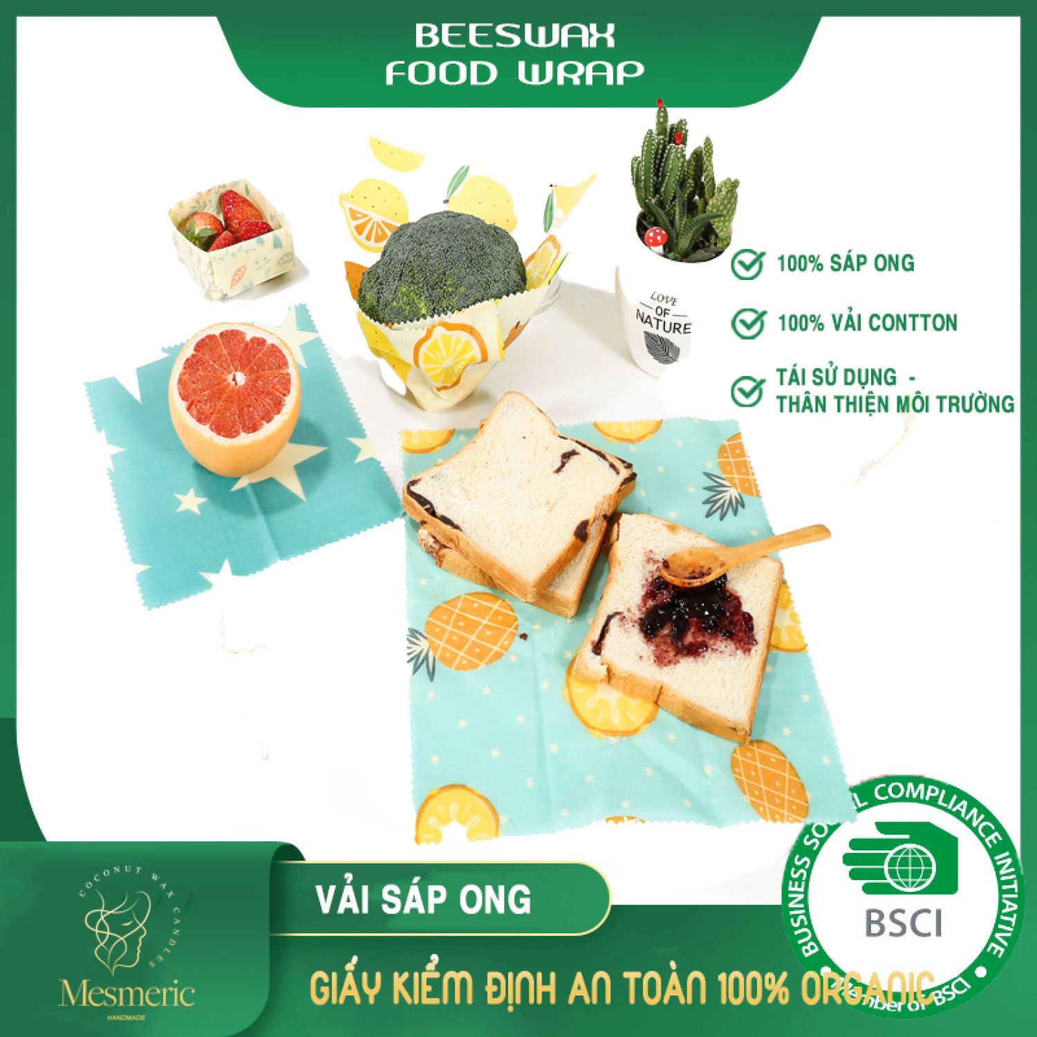 Vải sáp ong bọc thực phẩm mesmeric size 25 x 25 cm tái sử dụng nhiều lần giúp bảo vệ môi trường